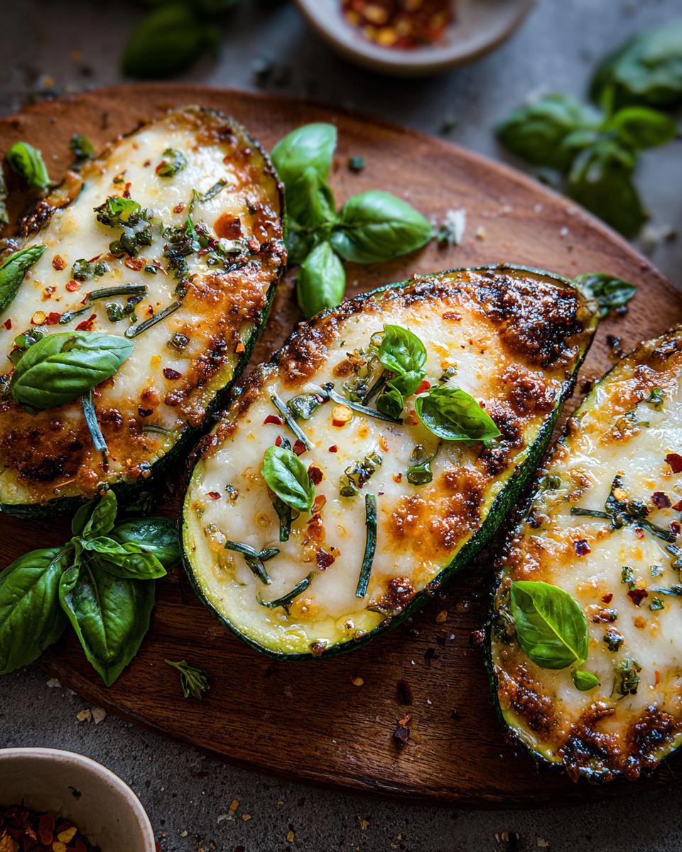 Three halves of baked zucchini topped with melted cheese, herbs, and chili flakes, served on a wooden board.