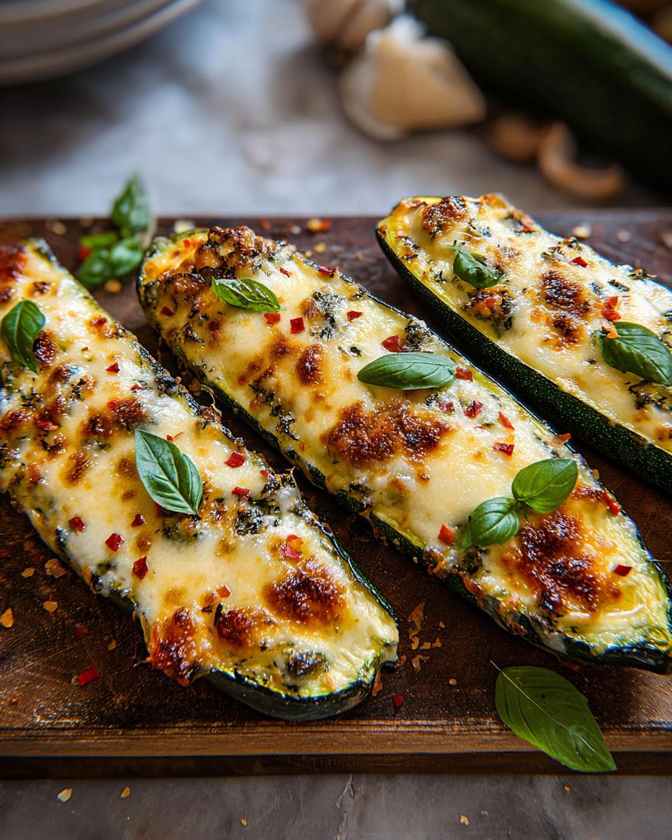 Three halves of baked zucchini boats filled with a cheesy garlic butter mixture, topped with chili flakes and basil.