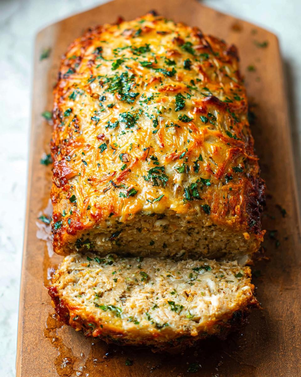 A golden brown Garlic Parmesan Chicken Meatloaf, sliced to reveal a moist interior, garnished with fresh parsley.