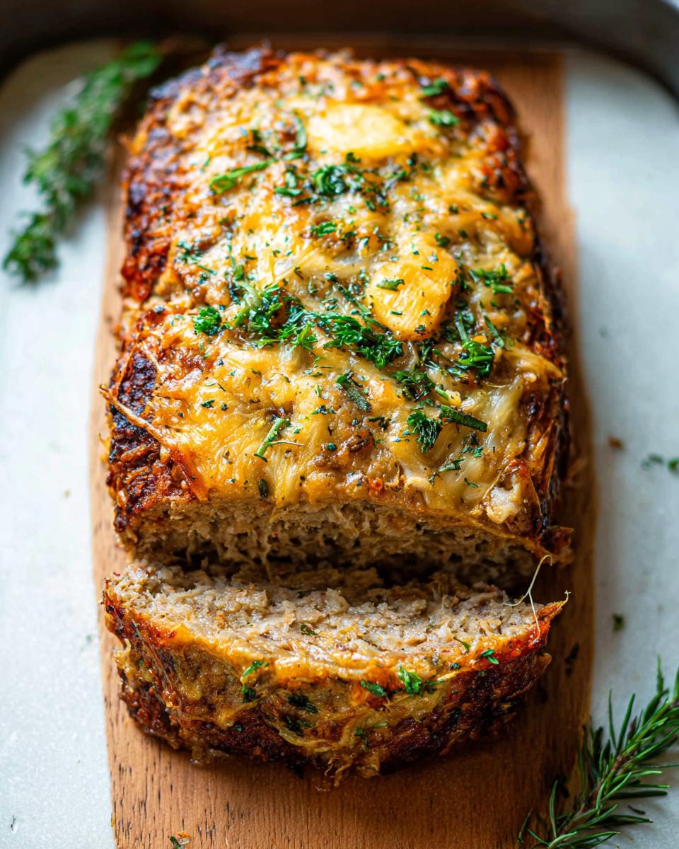 A golden-brown Garlic Parmesan Chicken Meatloaf topped with melted cheese and fresh parsley, with a slice cut.