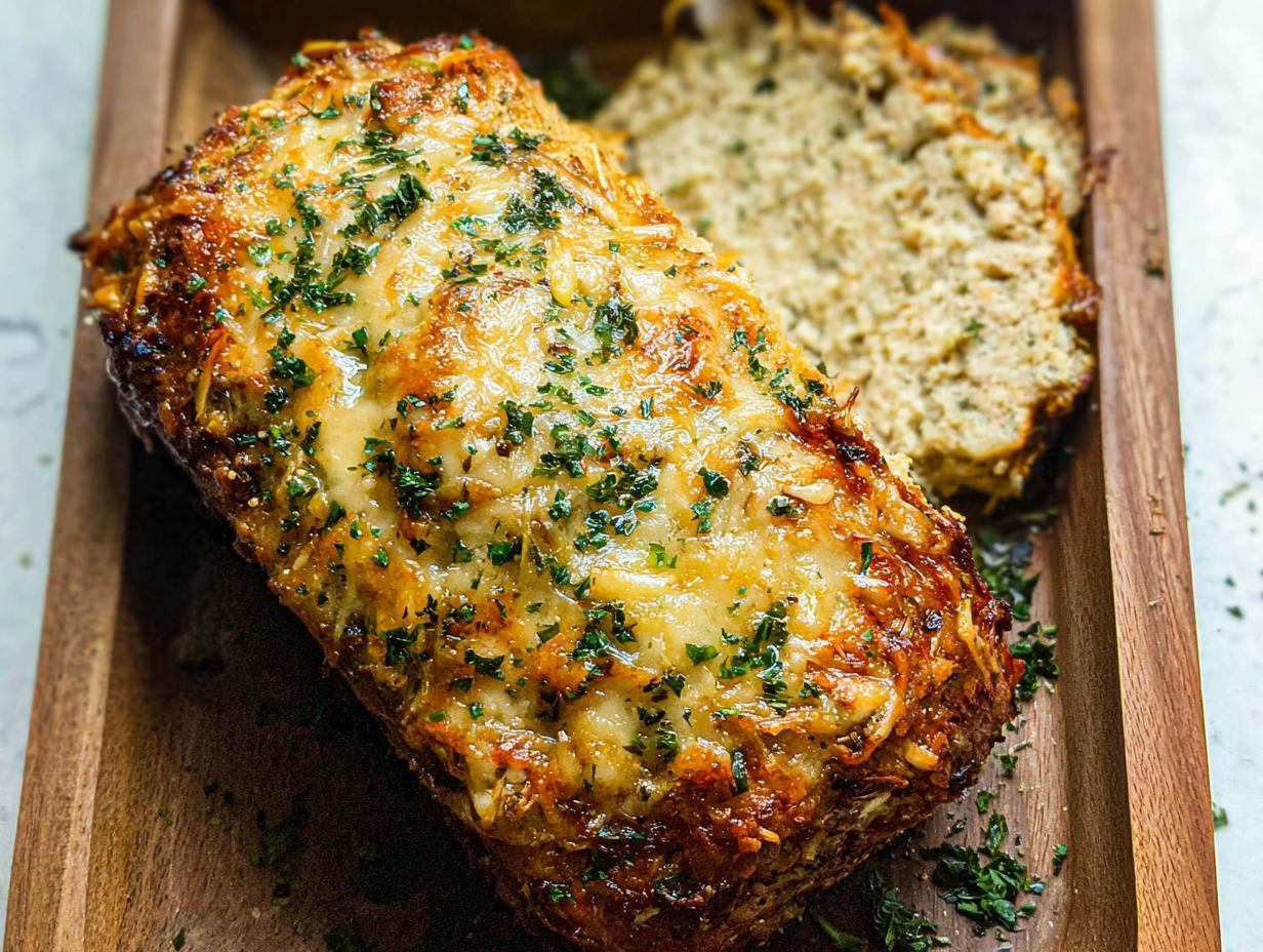 A close-up of a delicious Garlic Parmesan Chicken Meatloaf topped with melted cheese and fresh parsley.