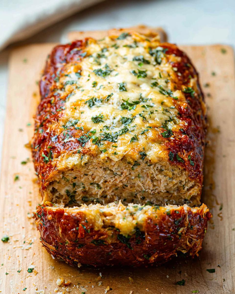 A close-up of a sliced Garlic Parmesan Chicken Meatloaf, topped with melted cheese and parsley.
