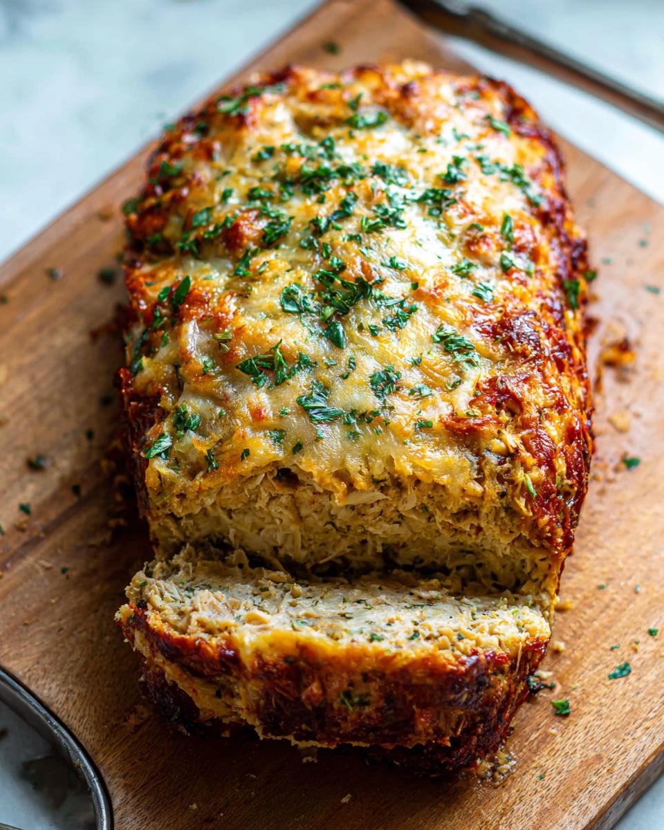 A delicious Garlic Parmesan Chicken Meatloaf, sliced and topped with melted cheese and fresh parsley, served on a wooden cutting board.