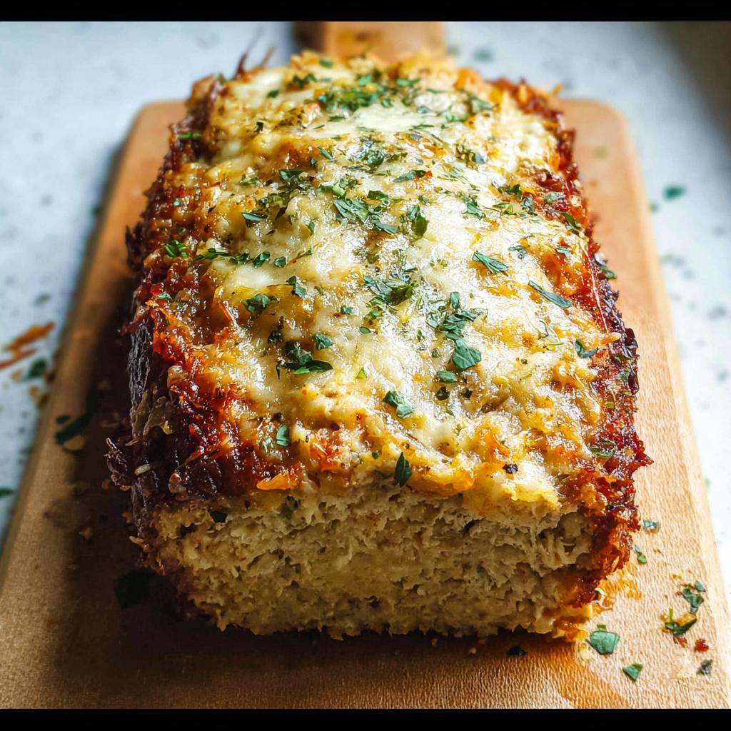 A delicious Garlic Parmesan Chicken Meatloaf topped with melted cheese and fresh parsley, served on a wooden cutting board.