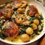 A rustic dish of Garlic Parmesan Chicken Thighs and Potatoes in a creamy sauce, garnished with parsley and cheese.