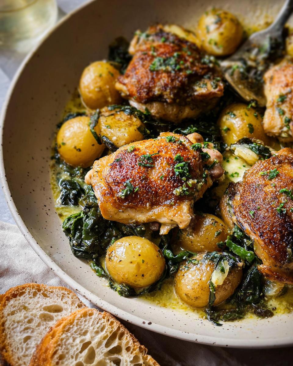 Close-up of Garlic Parmesan Chicken Thighs and Potatoes in a creamy sauce, garnished with parsley.