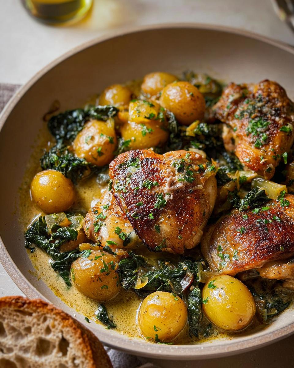 A close-up of Garlic Parmesan Chicken Thighs and Potatoes in a creamy sauce, garnished with parsley.