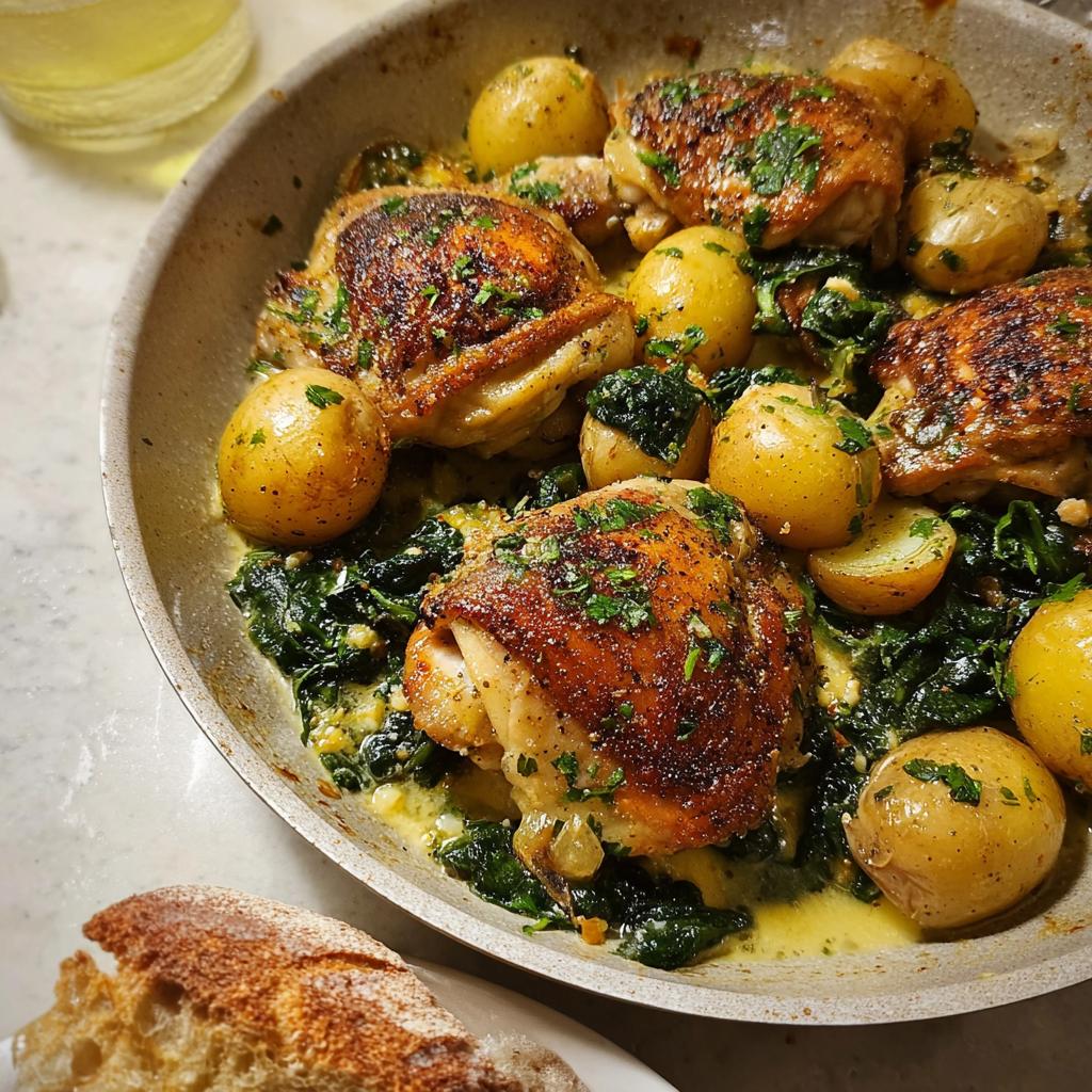 A close-up of Garlic Parmesan Chicken Thighs and Potatoes cooked in a pan with spinach and a creamy sauce.