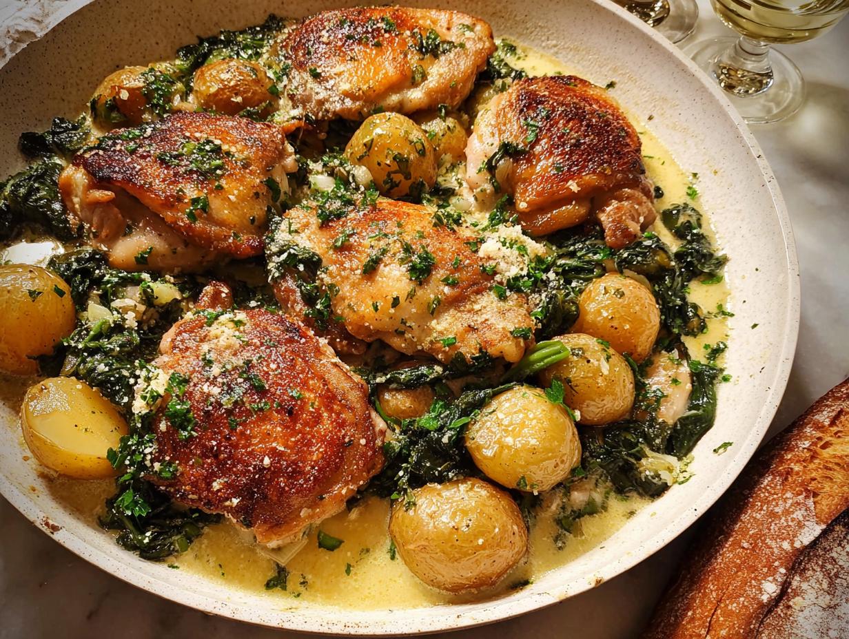 A rustic dish of Garlic Parmesan Chicken Thighs and Potatoes in a creamy sauce, garnished with parsley and cheese.