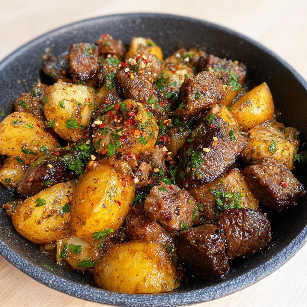 Close-up of a bowl filled with garlic steak bites and roasted potatoes, garnished with parsley and red pepper flakes.