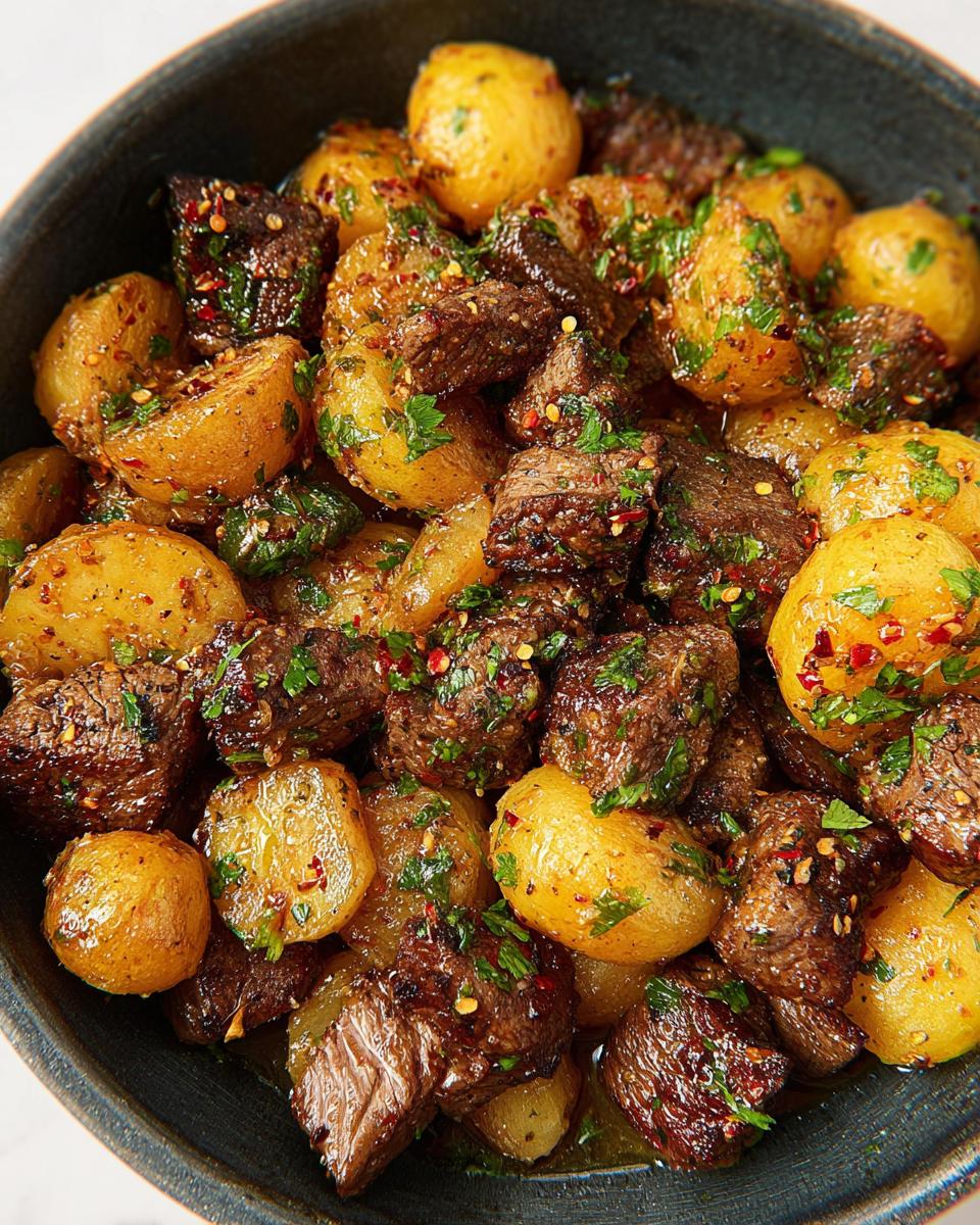 Close-up of savory garlic steak bites and roasted potatoes, seasoned with herbs and chili flakes.
