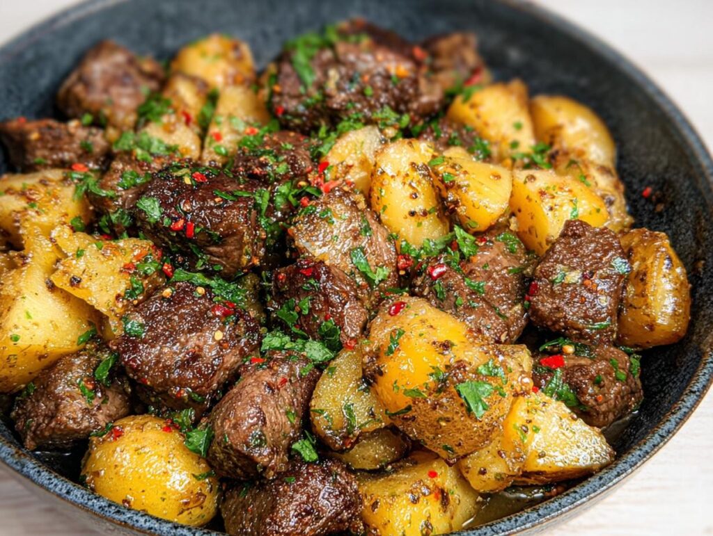 Close-up of Garlic Steak Bites and Potatoes, seasoned with herbs and chili flakes, served in a dark bowl.