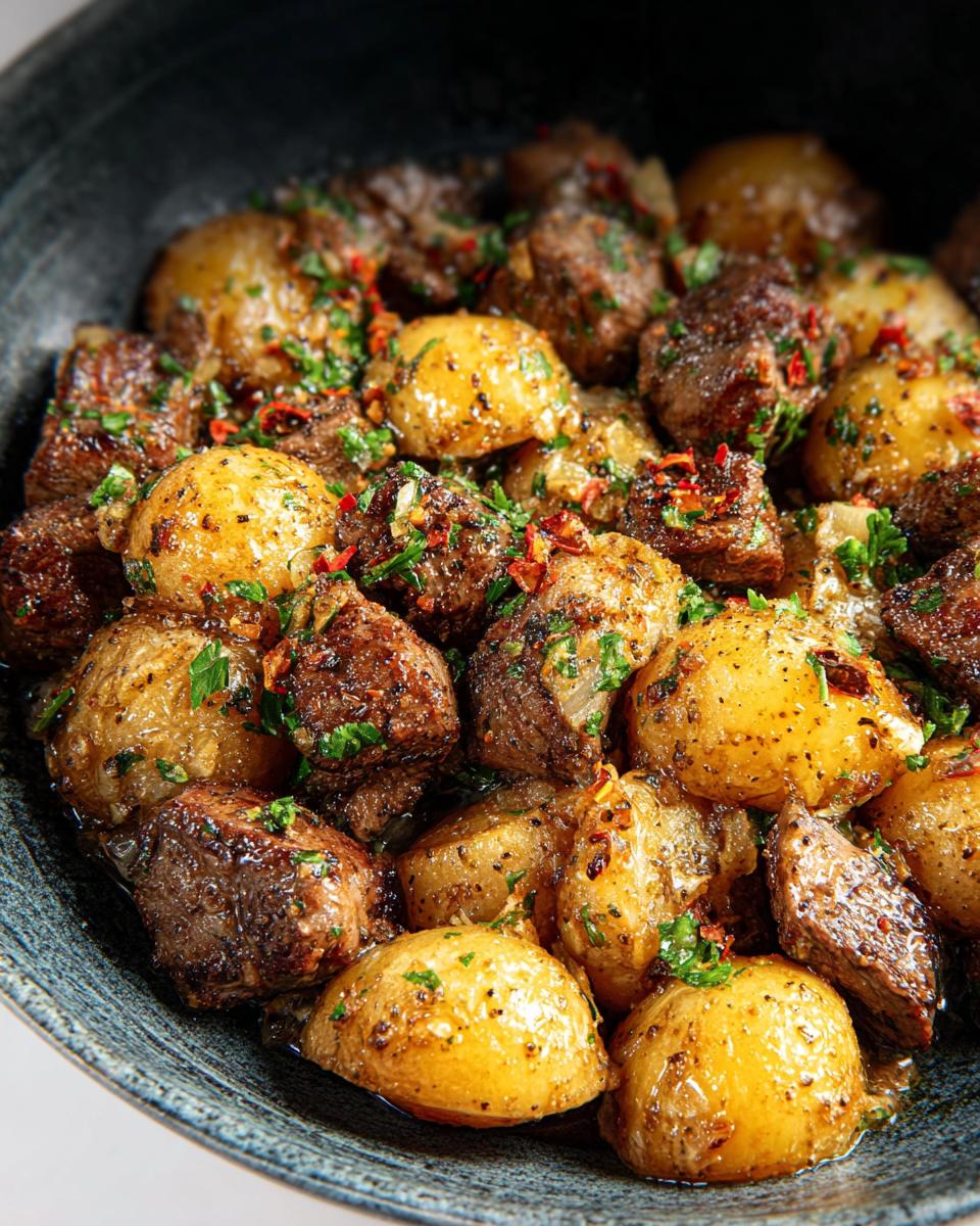 Close-up of delicious garlic steak bites and roasted potatoes seasoned with herbs and chili flakes.
