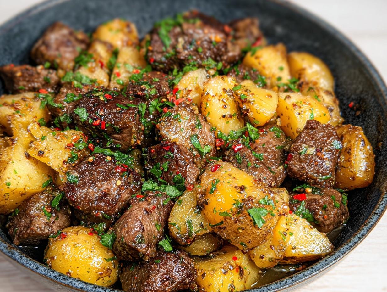Close-up of Garlic Steak Bites and Potatoes, seasoned with herbs and chili flakes, served in a dark bowl.