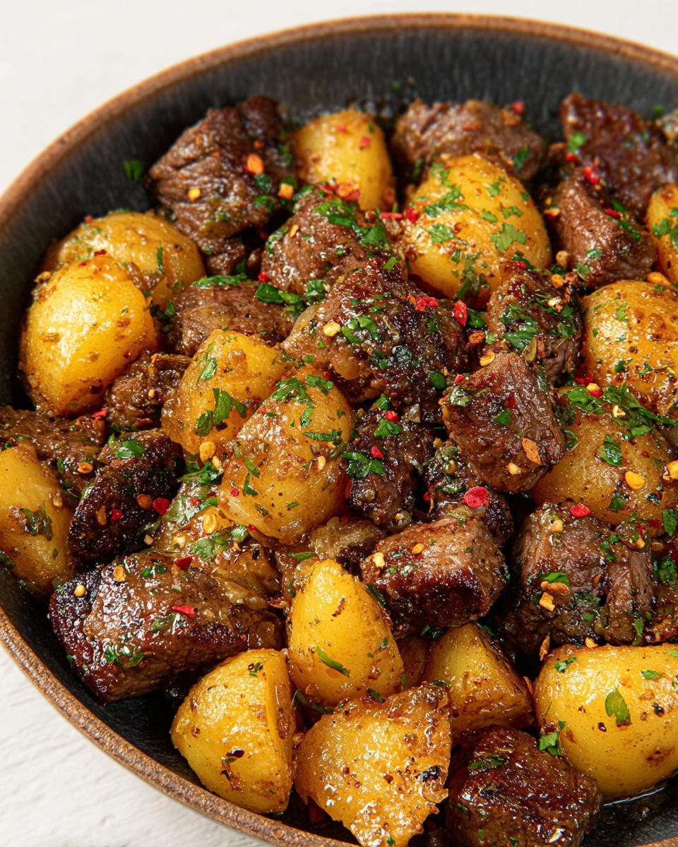 Close-up of a bowl filled with tender garlic steak bites and golden roasted potatoes, garnished with parsley and chili flakes.