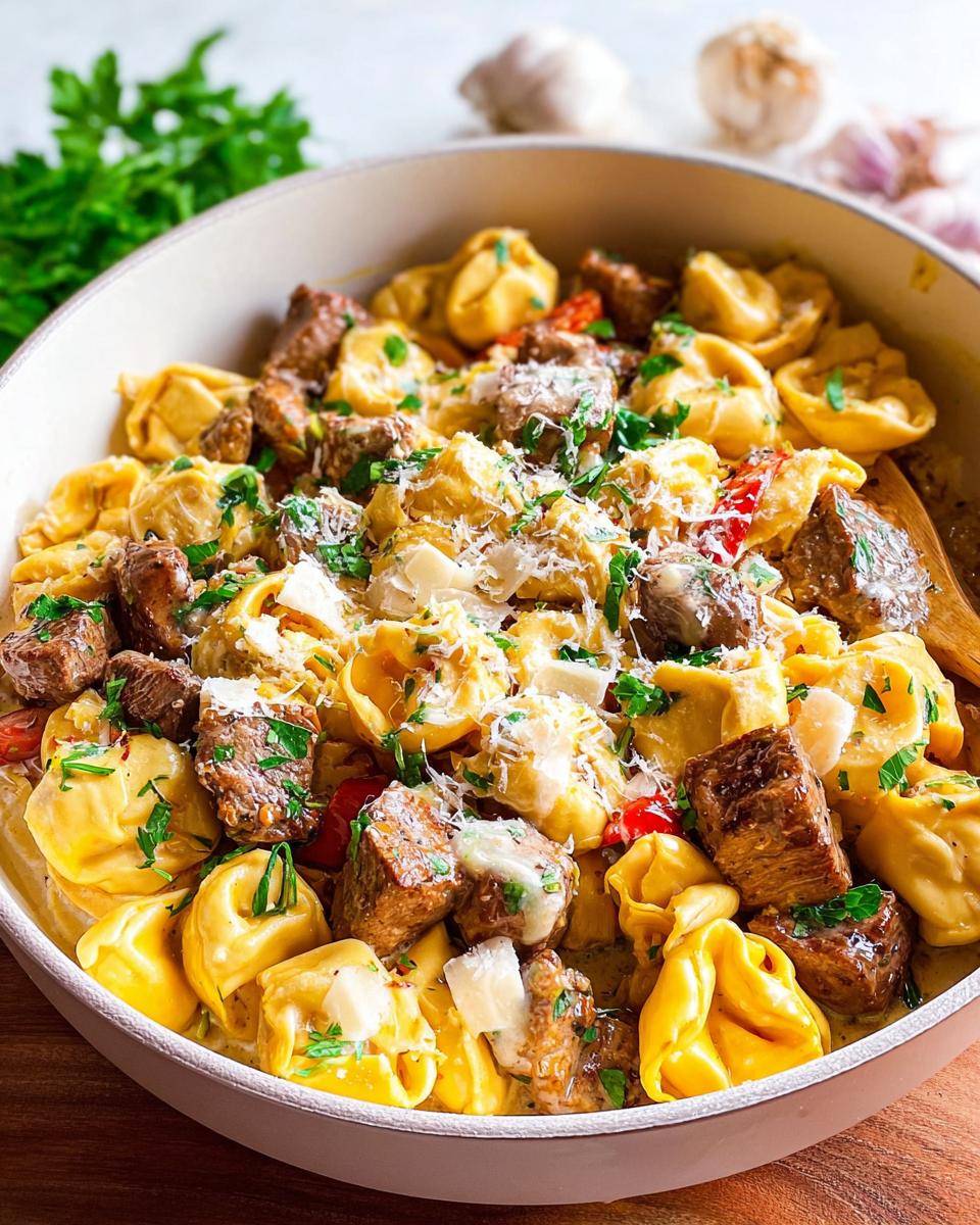 A close-up of a bowl of Garlic Steak Tortellini, featuring tender steak bites and cheese tortellini in a rich sauce, garnished with parsley and Parmesan.