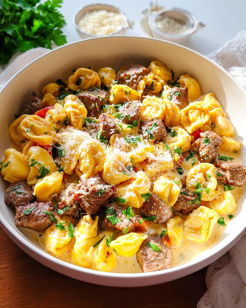 A close-up of a bowl filled with Garlic Steak Tortellini, garnished with parsley and grated cheese.