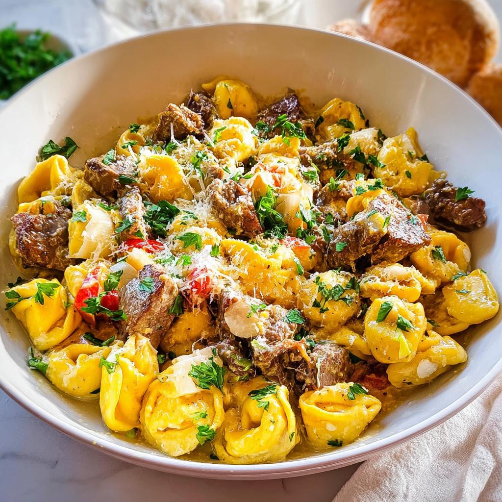 A close-up of a bowl filled with Garlic Steak Tortellini, featuring tender steak pieces and pasta in a rich, creamy sauce, garnished with parsley and Parmesan cheese.