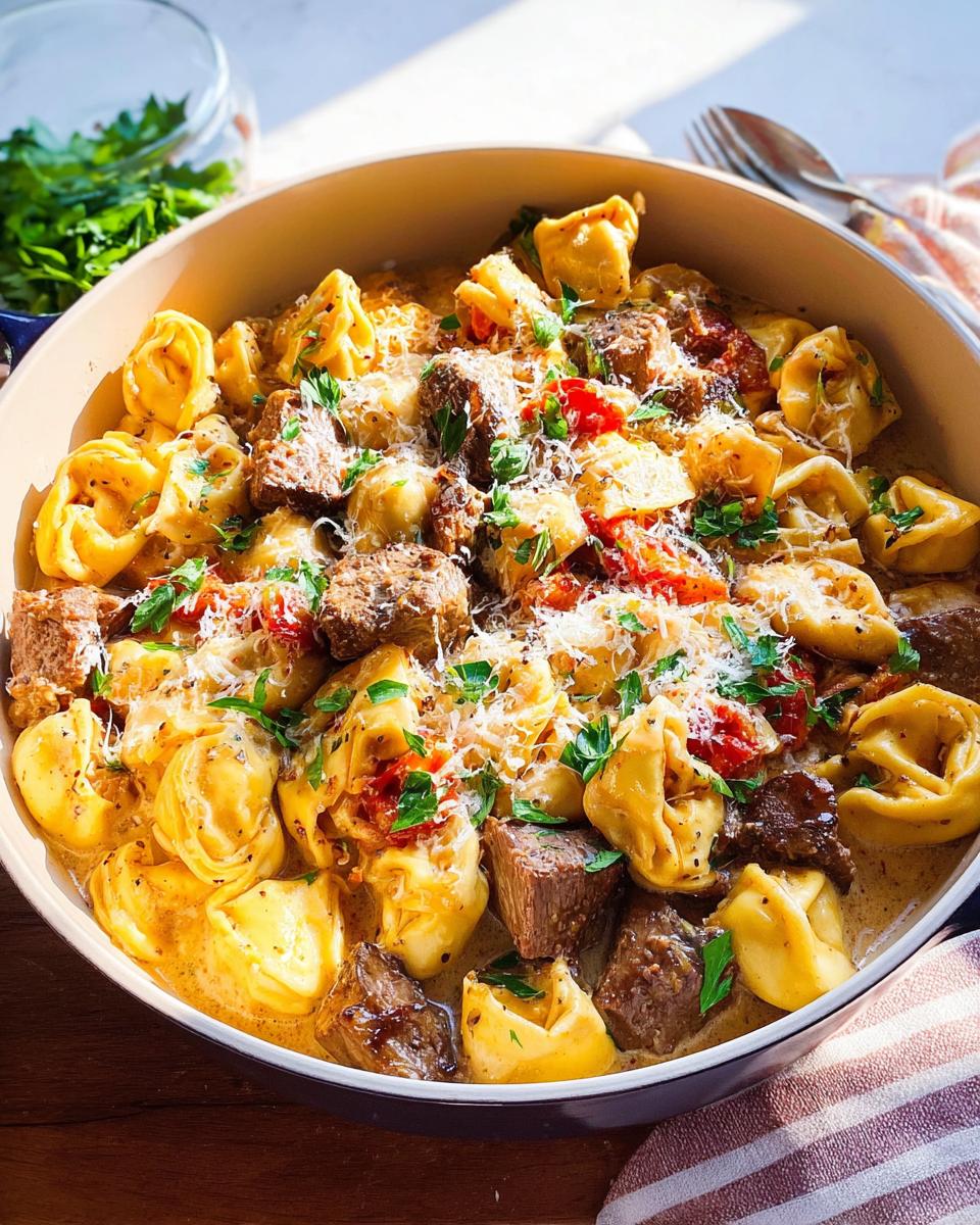 A close-up of Garlic Steak Tortellini in a creamy sauce, garnished with Parmesan cheese and parsley.