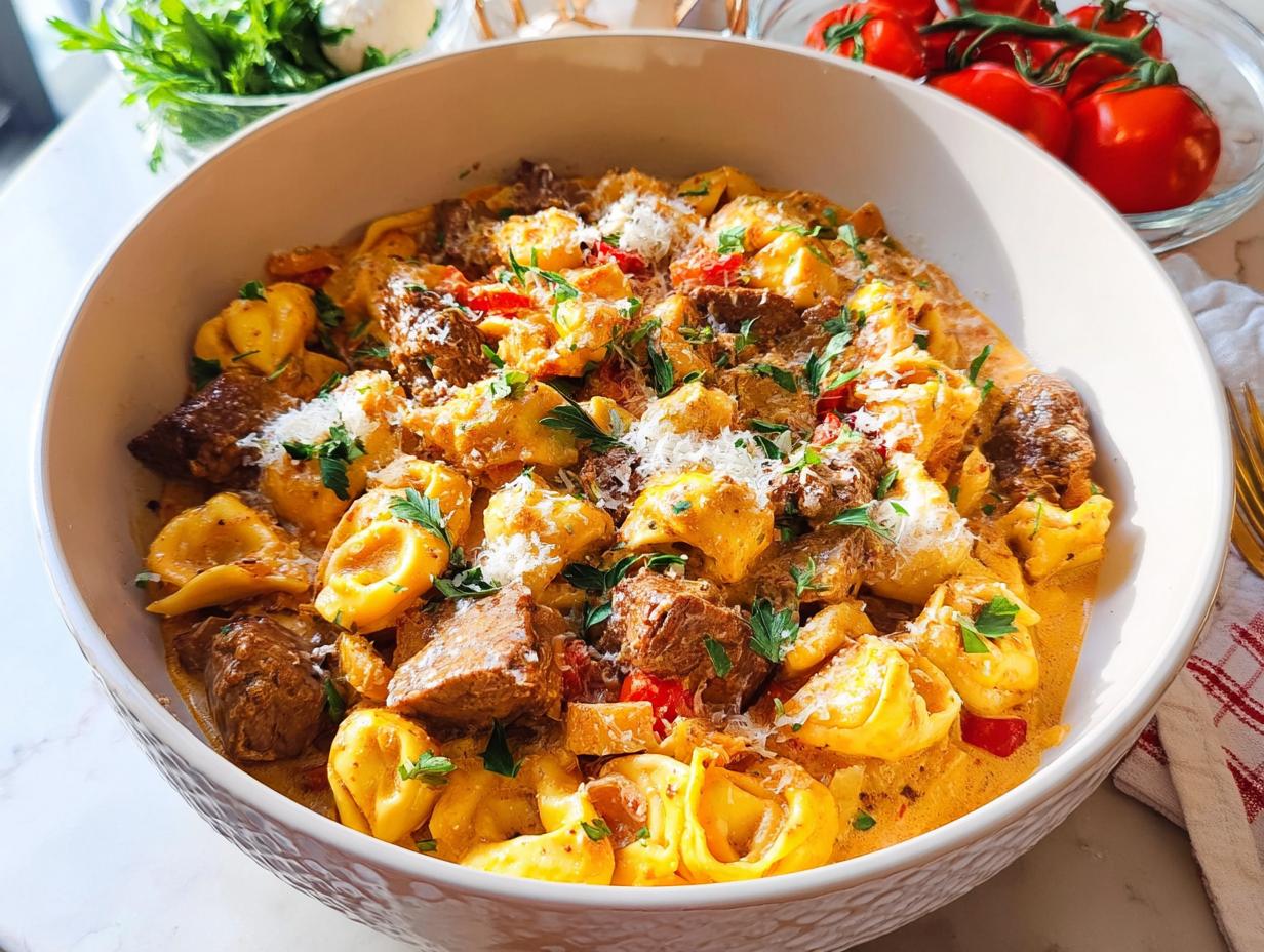 A bowl of Garlic Steak Tortellini with a rich, creamy sauce, garnished with parsley and Parmesan cheese.