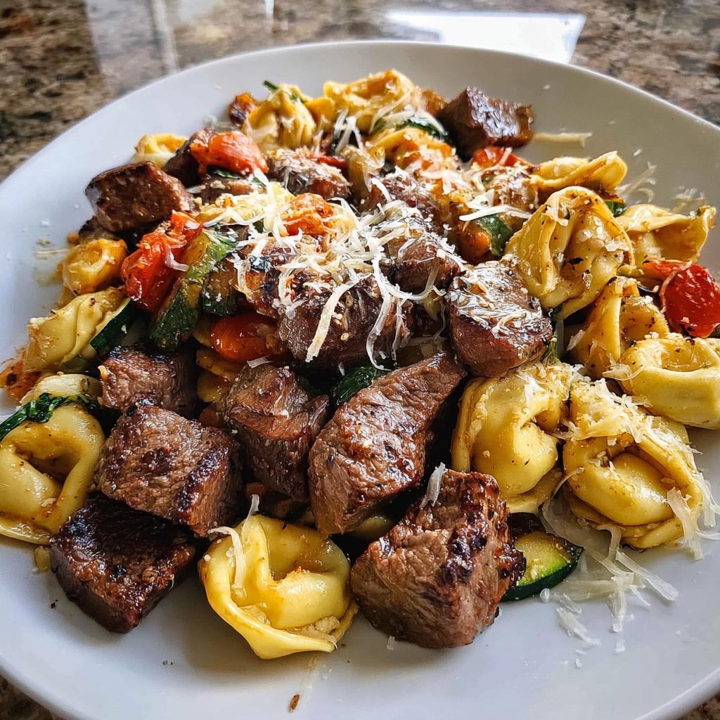 A close-up of a white plate filled with Garlic Steak Tortellini, featuring tender steak bites, tortellini pasta, zucchini, and cherry tomatoes, topped with grated Parmesan cheese.