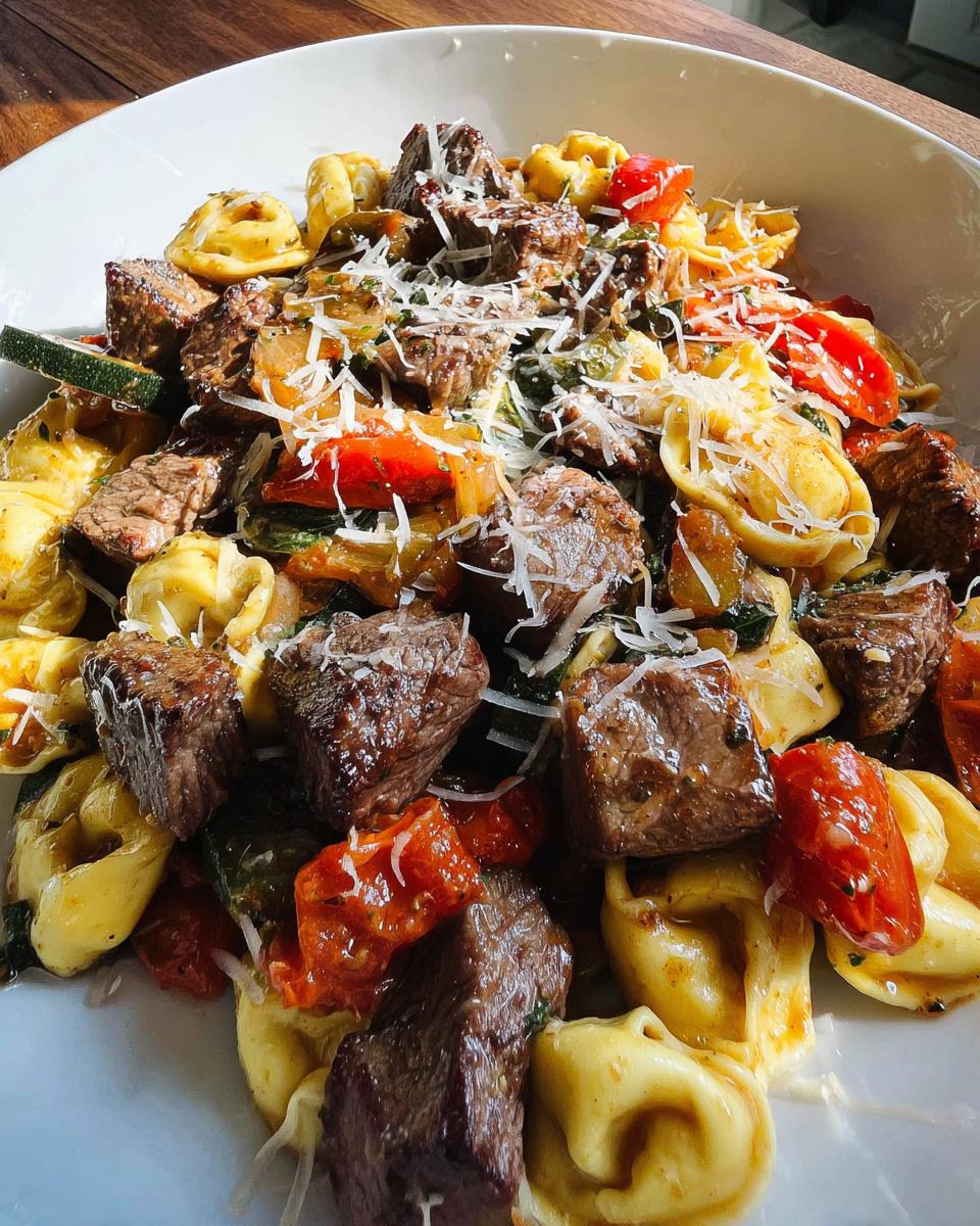 A close-up of Garlic Steak Tortellini with cherry tomatoes, zucchini, and shredded cheese.