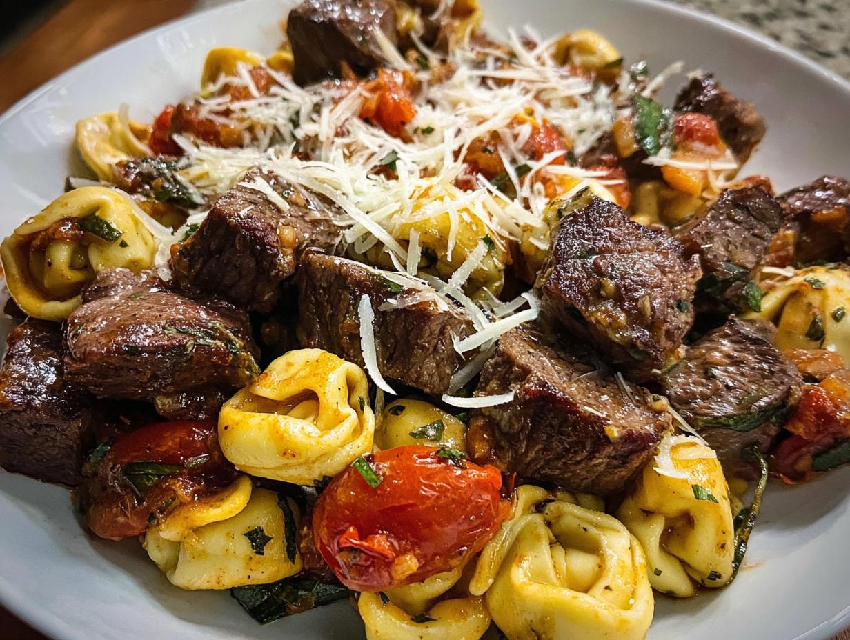 A close-up of Garlic Steak Tortellini, featuring tender steak bites, golden tortellini, and roasted tomatoes, topped with shredded cheese.