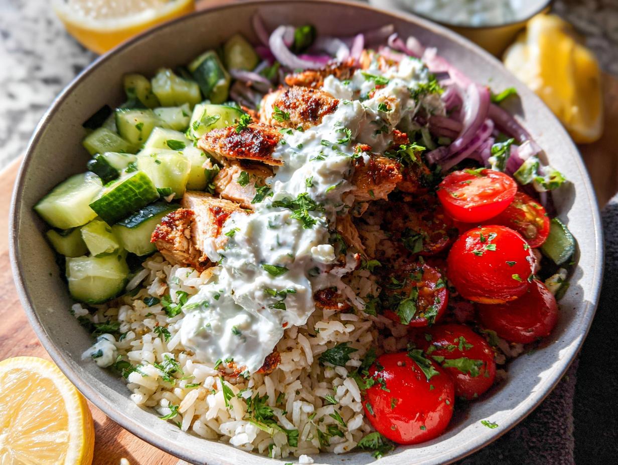 A close-up of a vibrant Greek Chicken Bowl, featuring seasoned chicken, rice, cucumber, tomatoes, red onion, and tzatziki sauce.