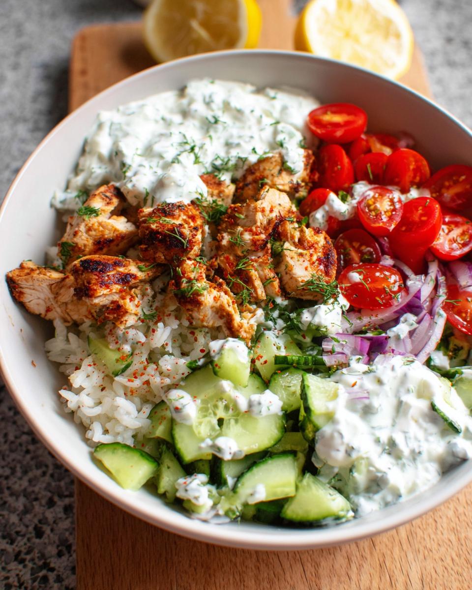 A close-up of a Greek Chicken Bowl filled with rice, grilled chicken, cucumber, tomatoes, red onion, and tzatziki sauce.
