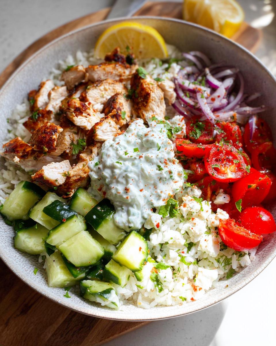 A vibrant bowl filled with rice, seasoned Greek chicken, cucumber, tomatoes, red onion, feta, and tzatziki sauce.