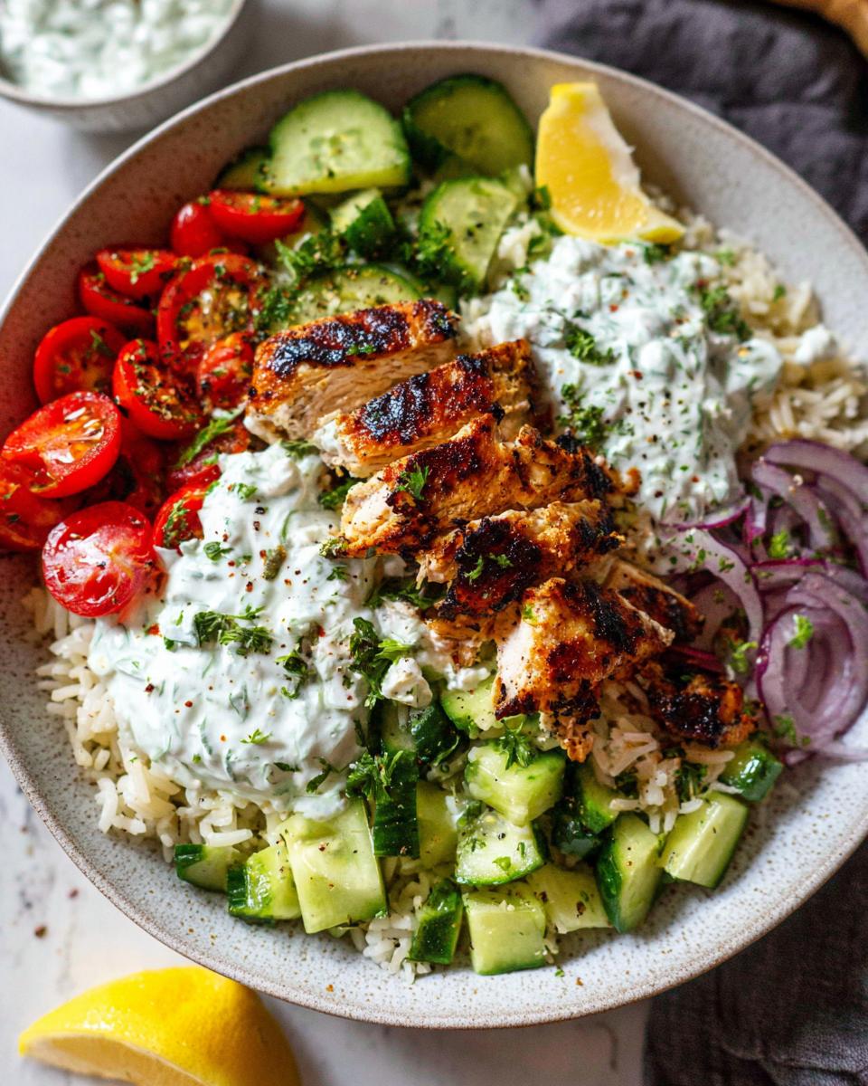 A close-up of a Greek Chicken Bowl filled with rice, grilled chicken, tomatoes, cucumbers, red onion, and tzatziki sauce.