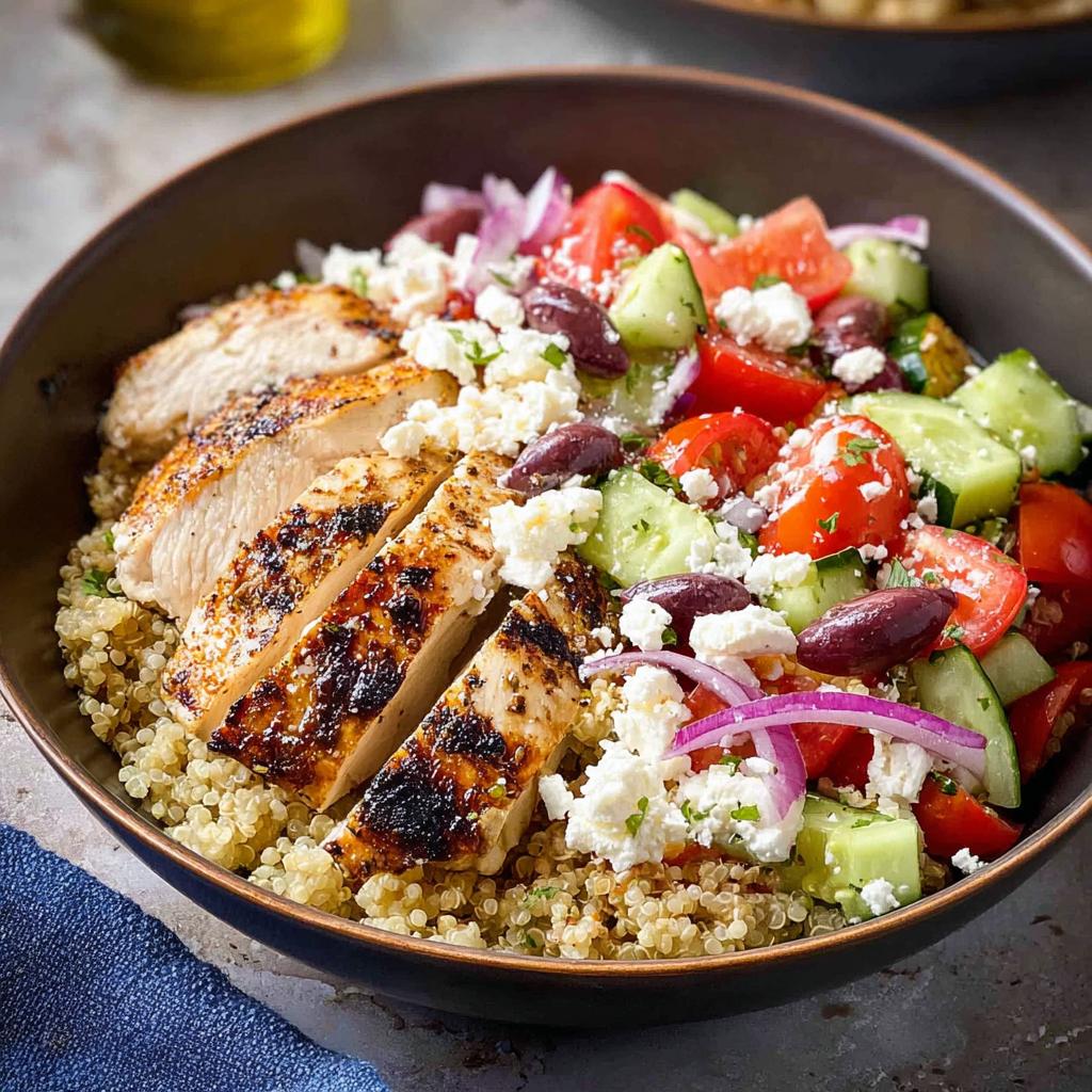 A close-up of Greek Chicken Bowls featuring grilled chicken, quinoa, tomatoes, cucumbers, olives, and feta cheese.