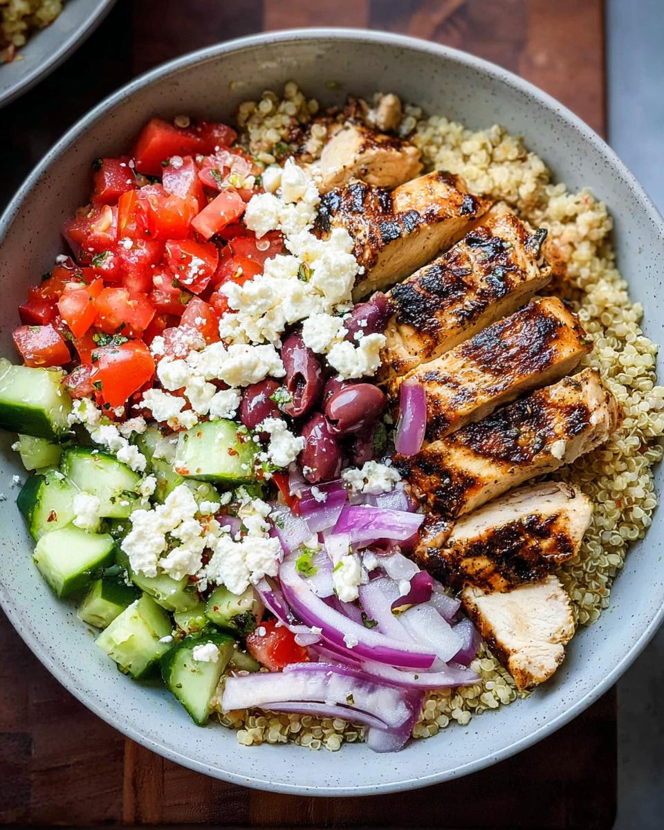 A vibrant bowl of Greek Chicken Bowls, featuring grilled chicken, quinoa, tomatoes, cucumbers, olives, and feta cheese.