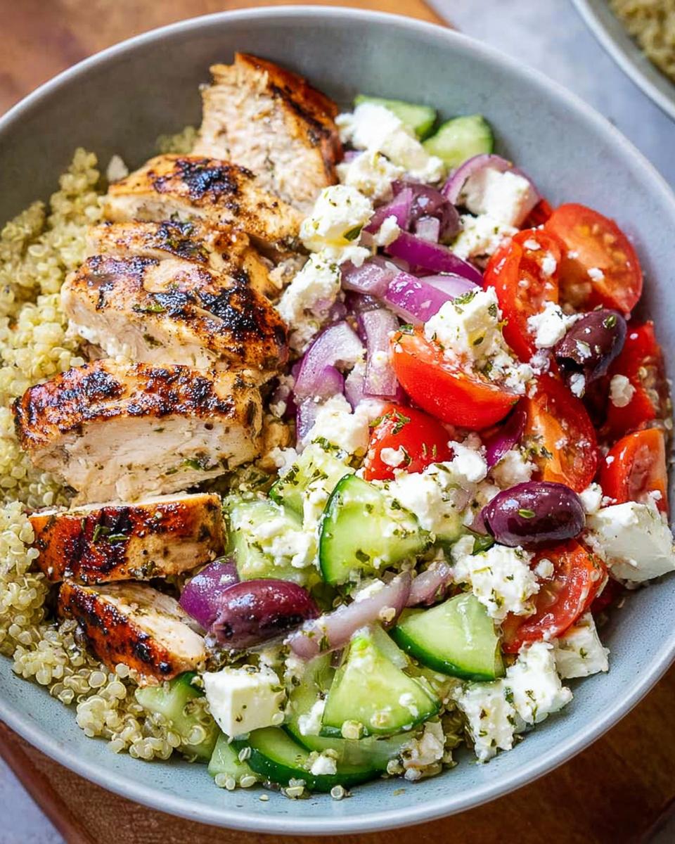 A close-up of a Greek Chicken Bowl with grilled chicken, quinoa, tomatoes, cucumbers, red onion, olives, and feta cheese.