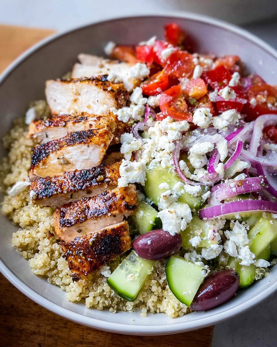 Close-up of a Greek Chicken Bowl with quinoa, sliced grilled chicken, tomatoes, cucumber, red onion, feta, and olives.