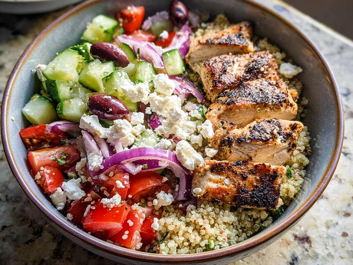 Close-up of a Greek Chicken Bowl with grilled chicken, quinoa, cucumber, tomatoes, red onion, feta cheese, and olives.