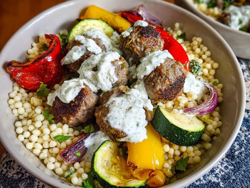 Close-up of a Greek Meatball Bowl featuring seasoned meatballs, couscous, roasted vegetables, and a creamy sauce.
