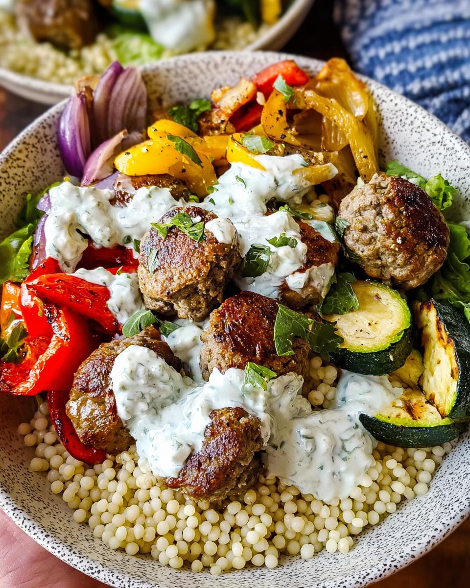 A delicious Greek Meatball Bowl recipe featuring juicy meatballs, roasted vegetables, and creamy tzatziki sauce over couscous.