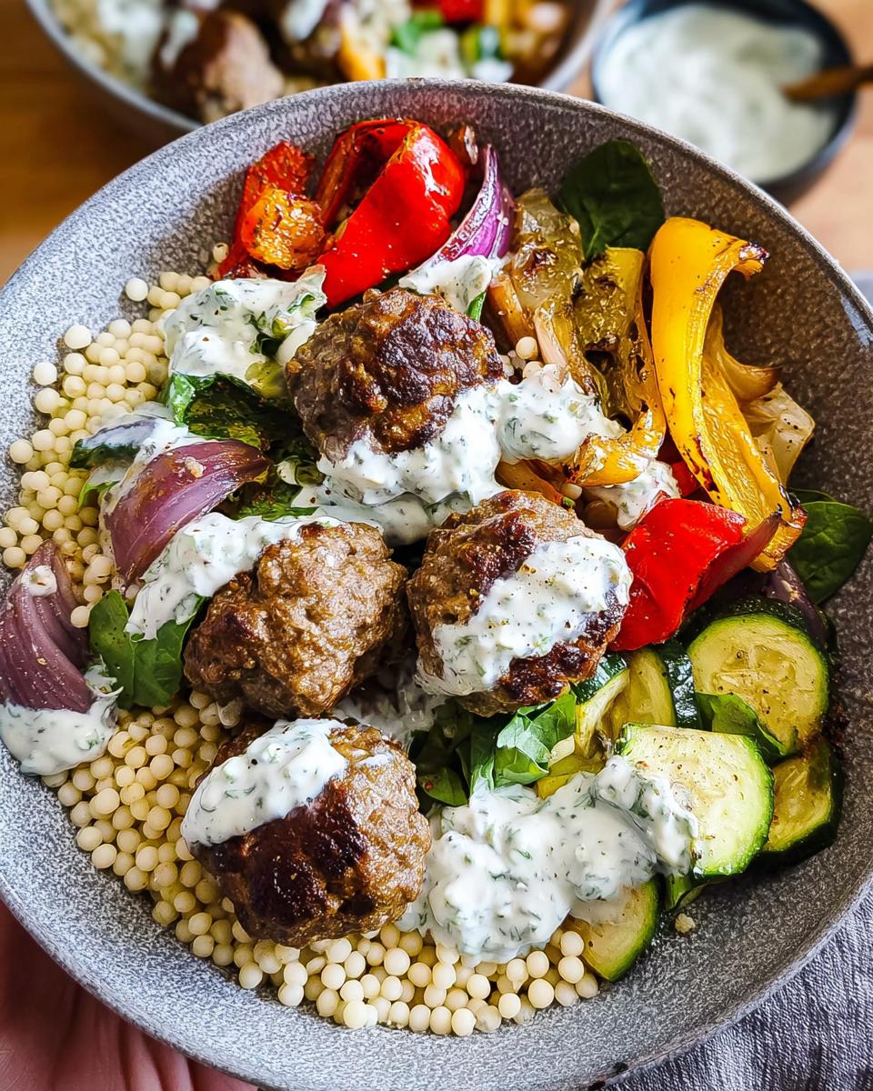 A close-up of a Greek Meatball Bowl Recipe featuring juicy meatballs, roasted bell peppers, red onion, zucchini, and couscous, drizzled with a creamy herb sauce.