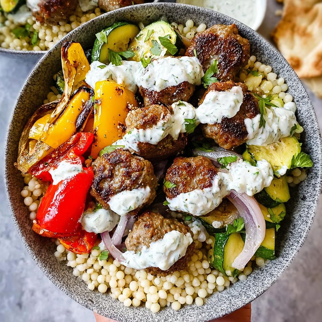 A vibrant Greek Meatball Bowl filled with juicy meatballs, roasted vegetables, couscous, and a creamy sauce.