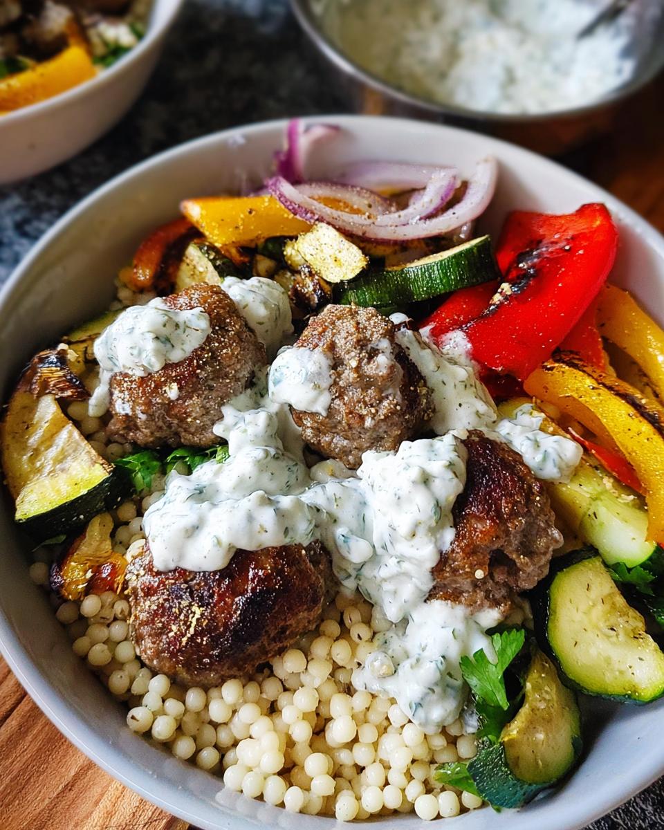 A close-up of a Greek Meatball Bowl featuring seasoned meatballs, roasted bell peppers, zucchini, red onion, and couscous, drizzled with a creamy herb sauce.