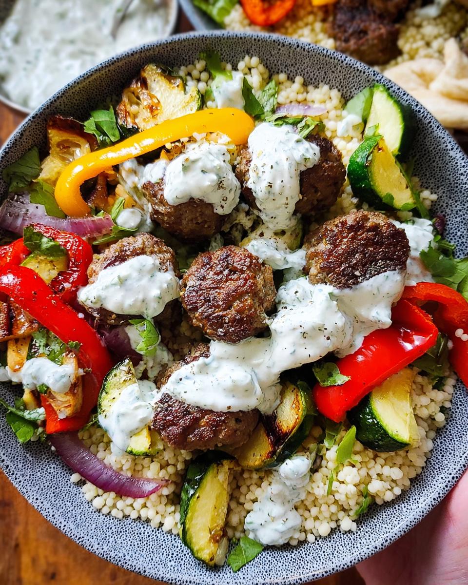 A vibrant Greek Meatball Bowl filled with couscous, seasoned meatballs, roasted vegetables, and a creamy yogurt sauce.