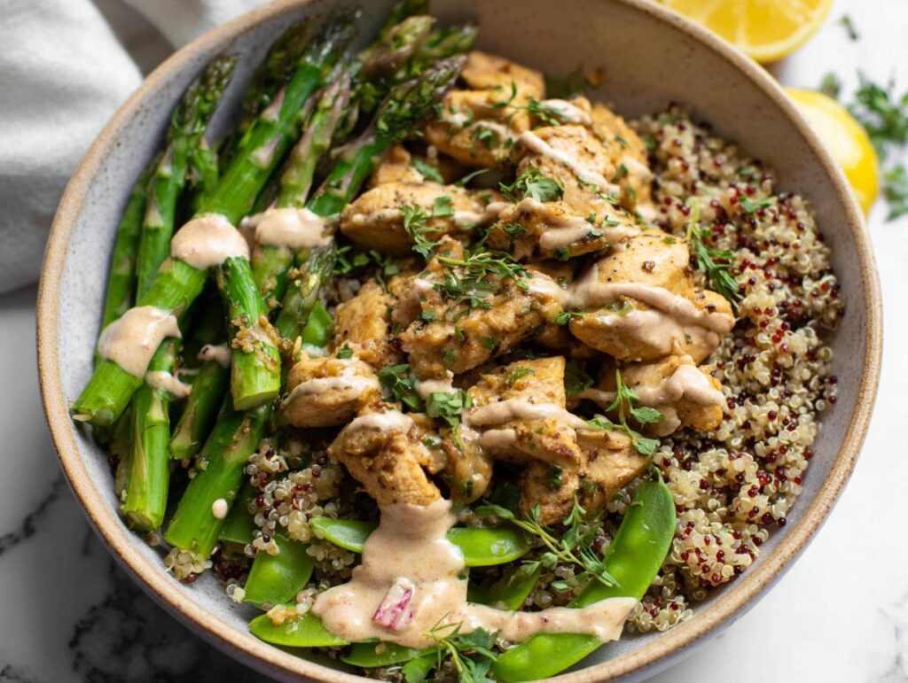 A healthy lemon garlic chicken meal prep bowl filled with quinoa, asparagus, and snow peas, drizzled with sauce.
