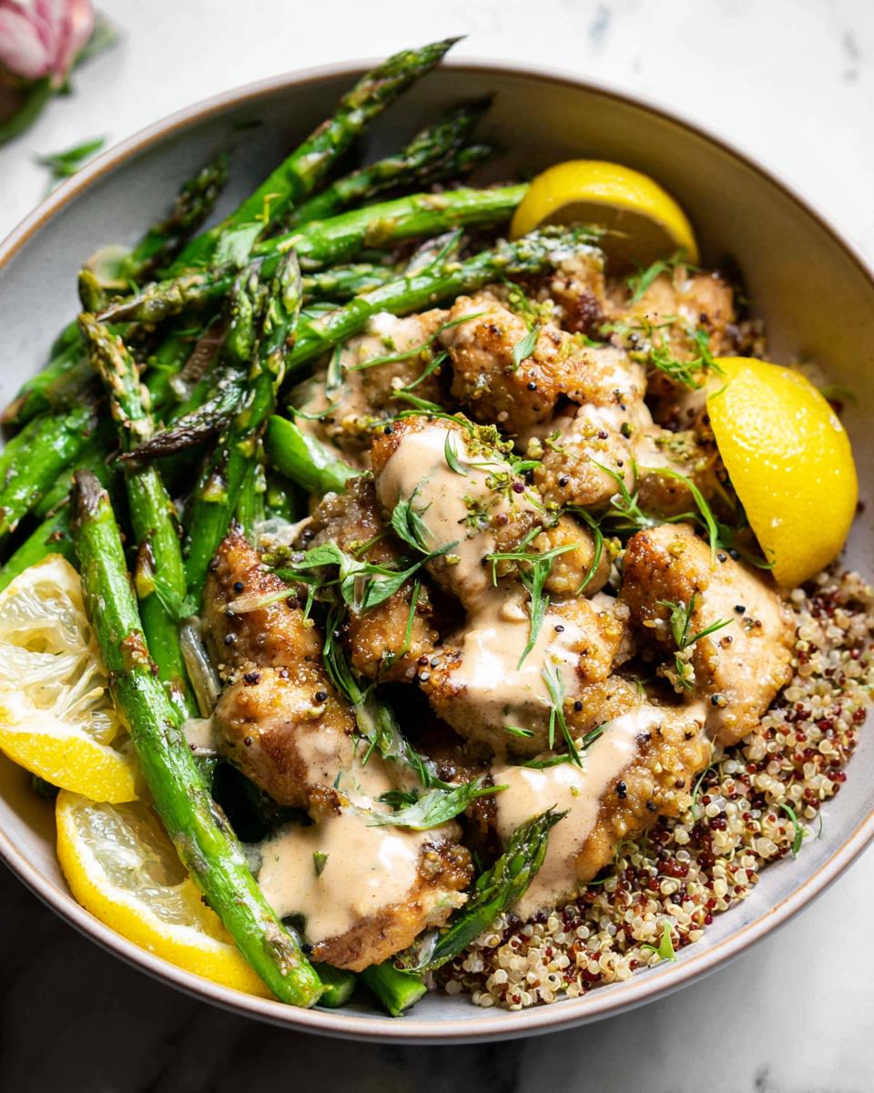 A close-up of a Healthy Lemon Garlic Chicken Meal Prep Bowl with quinoa, asparagus, and lemon slices.