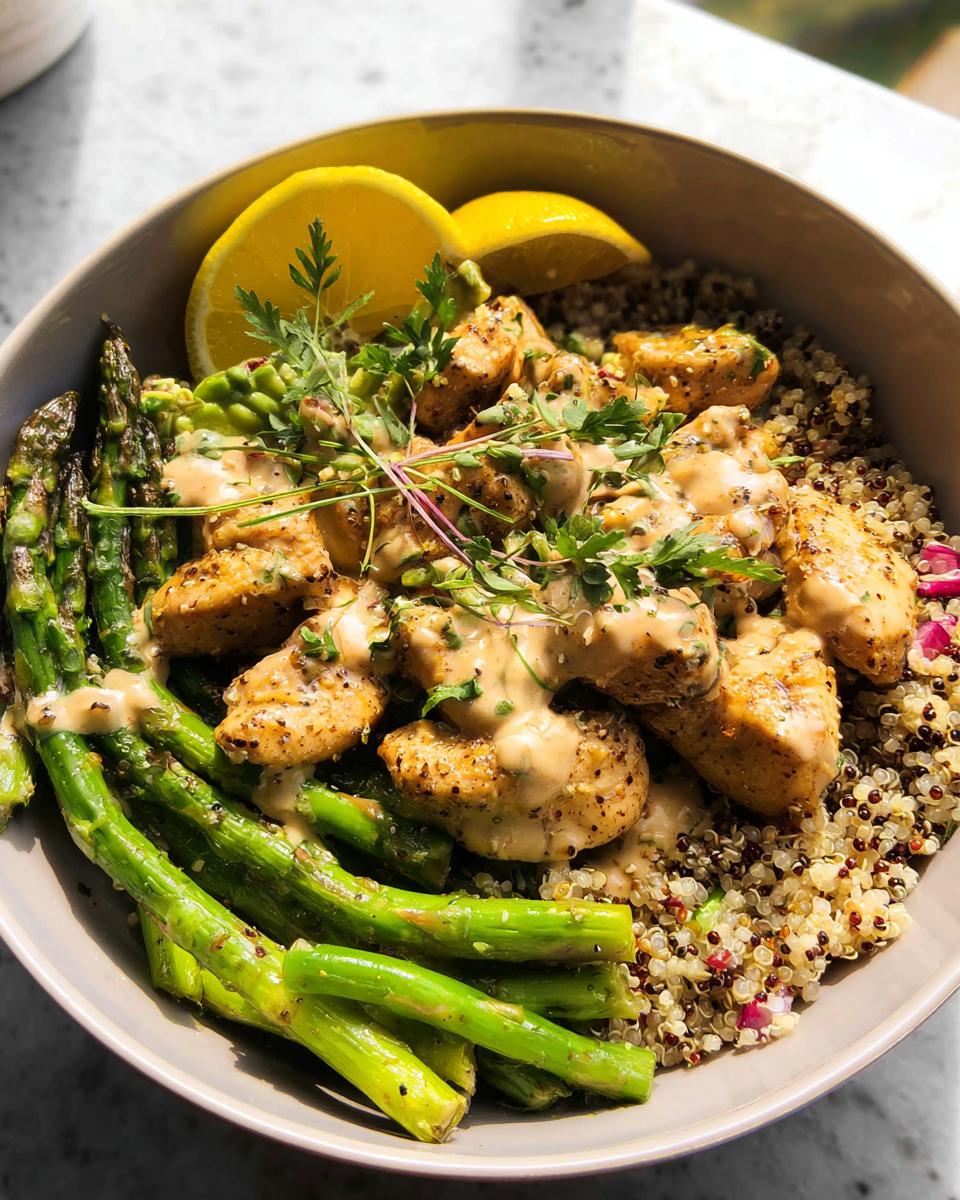 A healthy lemon garlic chicken meal prep bowl with quinoa, asparagus, and lemon slices.