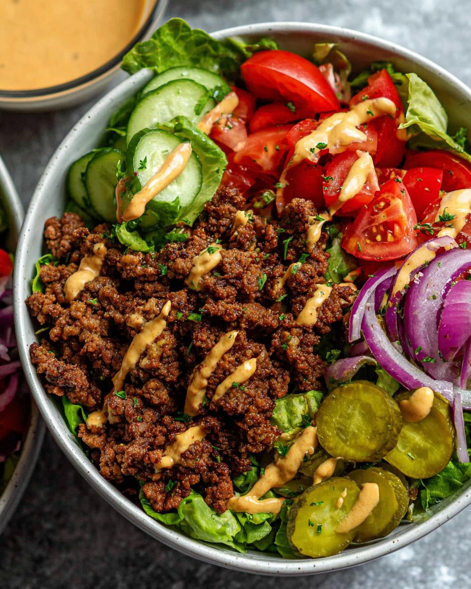 A delicious High-Protein Cheeseburger Bowl with seasoned ground beef, fresh lettuce, tomatoes, cucumbers, pickles, and red onion, drizzled with sauce.