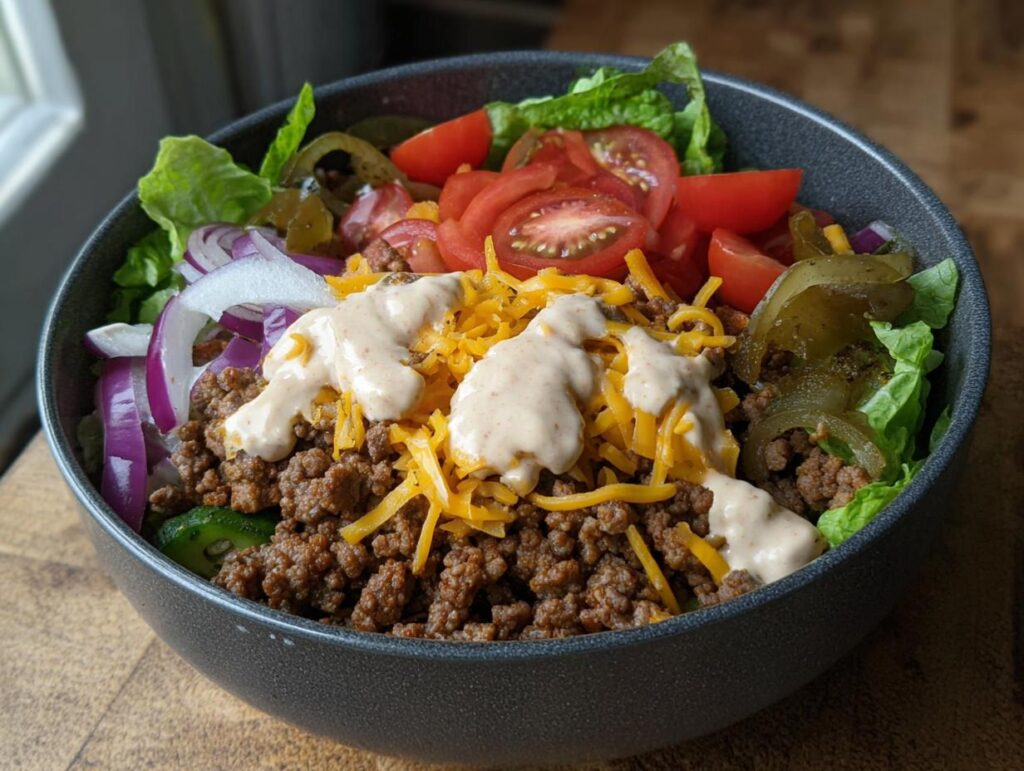 A delicious High-Protein Cheeseburger Bowl filled with seasoned ground beef, shredded cheese, lettuce, tomatoes, onions, and pickles, drizzled with sauce.