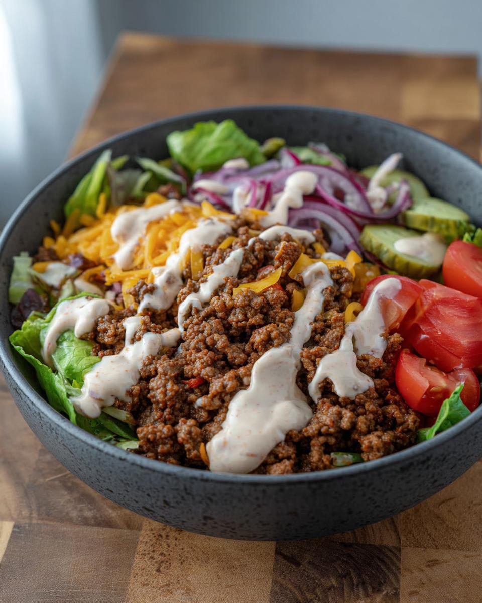 A delicious High-Protein Cheeseburger Bowl filled with seasoned ground beef, lettuce, tomatoes, pickles, onions, and shredded cheese, drizzled with sauce.