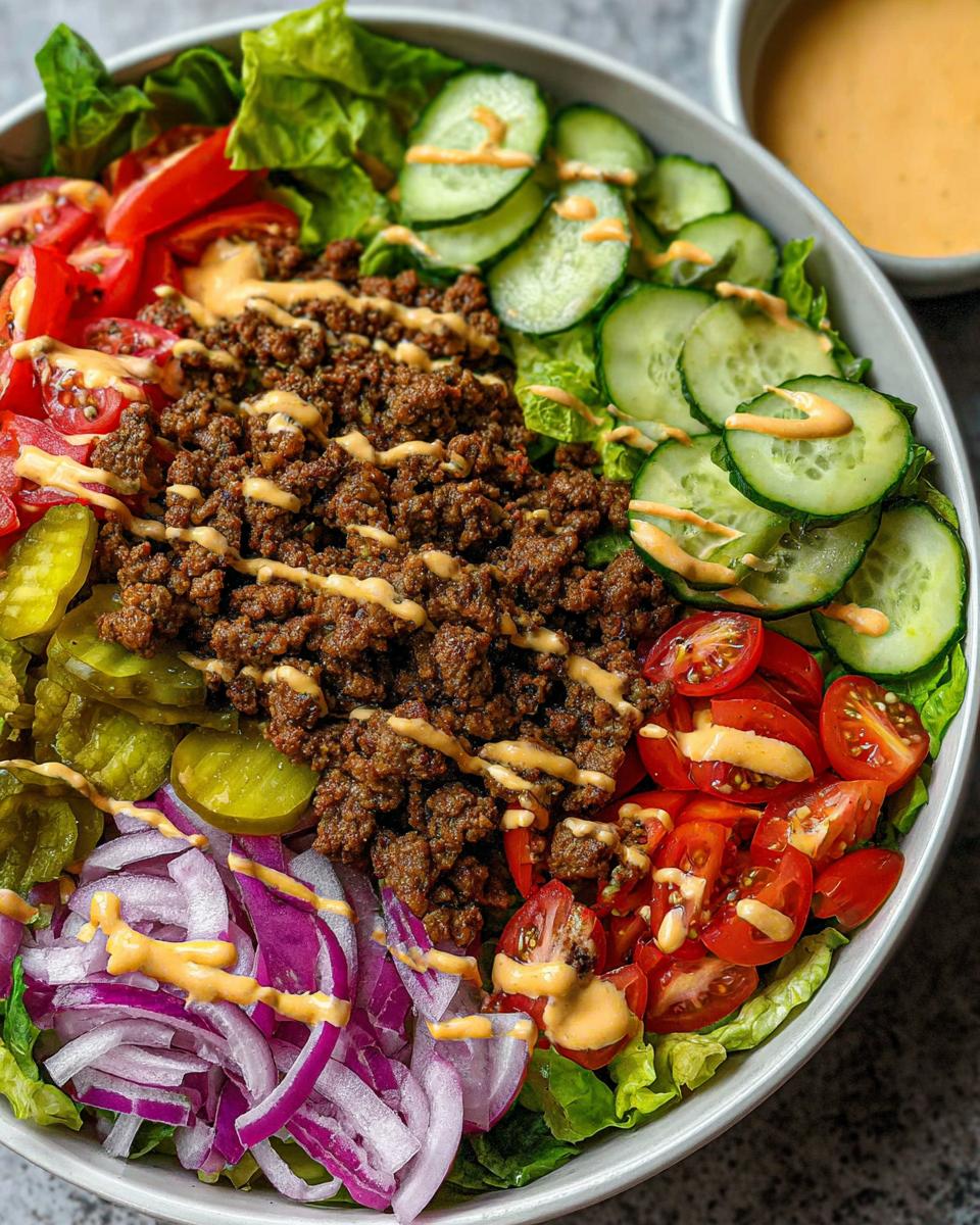 A vibrant High-Protein Cheeseburger Bowl filled with seasoned ground beef, lettuce, tomatoes, cucumbers, red onion, pickles, and a drizzle of sauce.