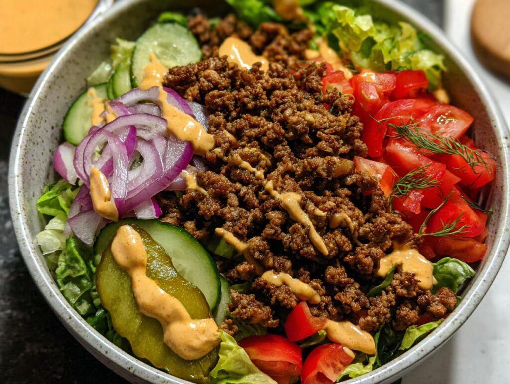 A delicious High-Protein Cheeseburger Bowl filled with seasoned ground beef, lettuce, tomatoes, cucumbers, red onion, and pickles, drizzled with sauce.
